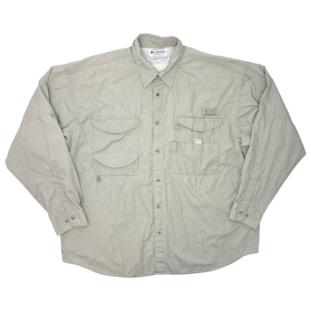 Columbia‎ PFG Mens Sz XL Vented Fishing Shirt Beige Long Sleeve Omni-Shade Camp